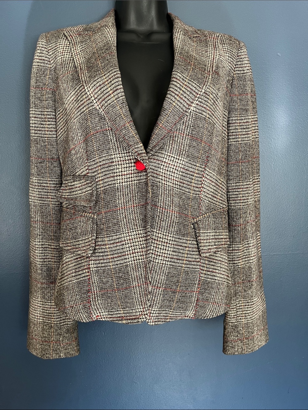 Vintage Christian Dior Gray Glen Plaid Blazer with Red Button Detail size S